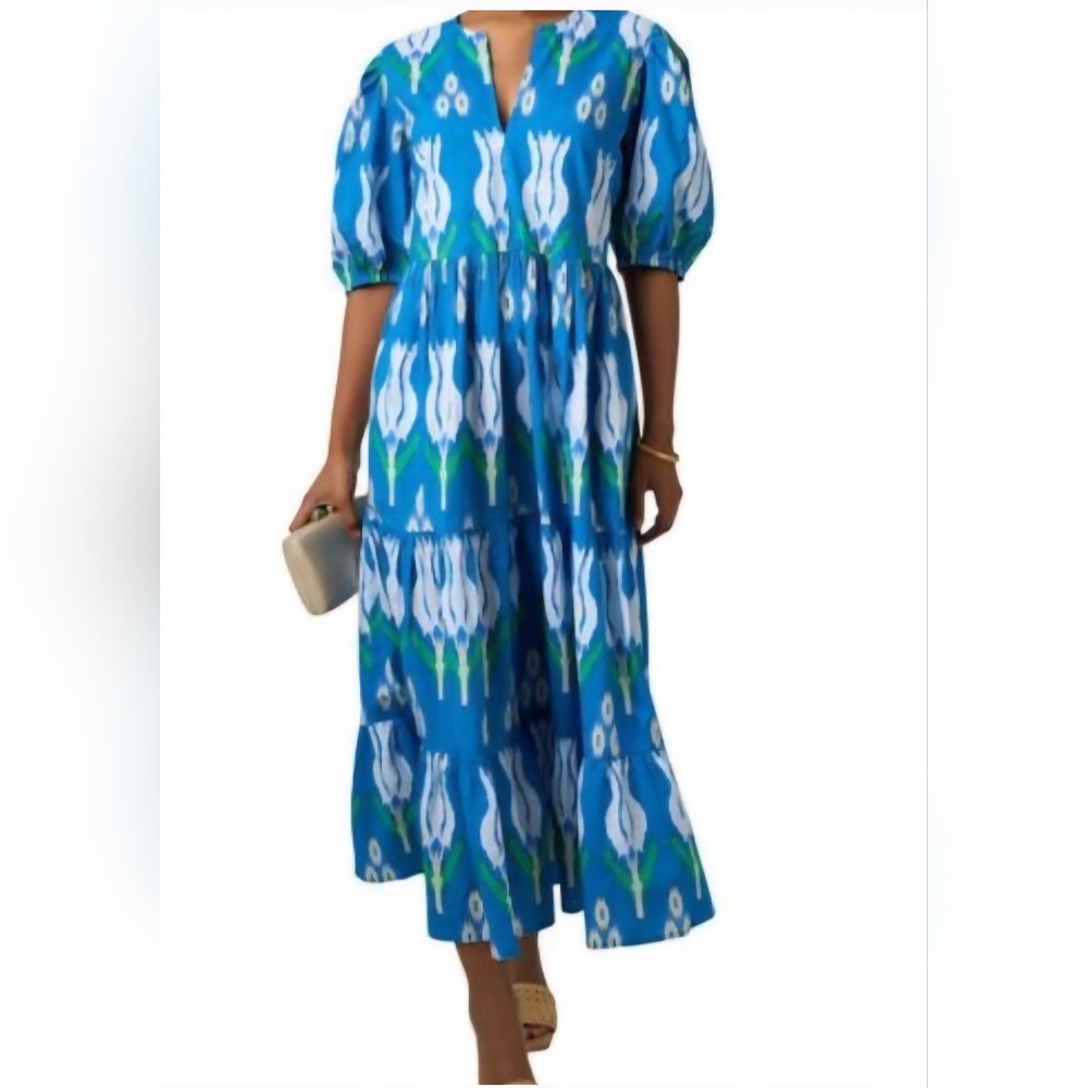 Oliphant Printed Tulip Pocketed Puff Sleeve Maxi Dress With Matching Belt Sz L - Picture 3 of 16